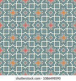 Seamless surface design with arabic ornament. Moroccan stars and crosses motif. Oriental traditional pattern with repeated mosaic tile. Tracery window wallpaper. Arabesque digital paper, textile print