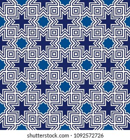 Diseño de superficie sin inconvenientes con adorno árabe. Estrellas marroquíes y cruza el motivo. Patrón oriental tradicional con mosaico repetido.  Papel tapiz de la ventana de tracería. Papel digital árabe, letra textil