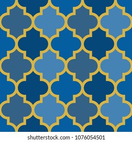 Seamless surface design with ogee ornament. Oriental traditional pattern with repeated mosaic tile. Tracery window wallpaper. Lantern shapes motif. Arabesque digital paper, textile print. Vector art