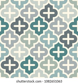 Seamless surface design with ogee ornament. Oriental traditional pattern with repeated mosaic tile. Tracery window wallpaper. Moroccan crosses motif. Arabesque digital paper, textile print. Vector art