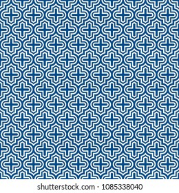 Seamless surface design with ogee ornament. Oriental traditional pattern with repeated mosaic tile. Tracery window wallpaper. Moroccan crosses motif. Arabesque digital paper, textile print. Vector art