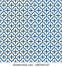 Seamless surface design with ogee ornament. Oriental traditional pattern with repeated mosaic tile. Tracery window wallpaper. Moroccan crosses motif. Arabesque digital paper, textile print. Vector art