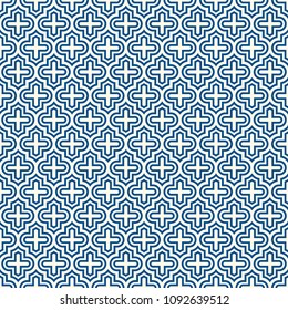 Seamless surface design with ogee ornament. Oriental traditional pattern with repeated mosaic tile. Tracery window wallpaper. Moroccan crosses motif. Arabesque digital paper, textile print. Vector art