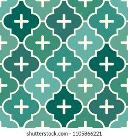Seamless surface design with ogee ornament. Oriental traditional pattern with repeated mosaic tile. Tracery window wallpaper. Moroccan lantern motif. Arabesque digital paper, textile print. Vector art