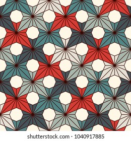 Seamless surface pattern with bright maple leaves. Repeated interlocking orchid flowers. Floral abstract background. Traditional japanese asanoha motif. Colorful digital paper, textile print. Vector