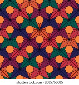 Seamless surface pattern. Bright maple leaves. Repeated interlocking orchid flowers. Floral abstract background. Traditional japanese asanoha motif. Colorful digital paper, textile print. Vector