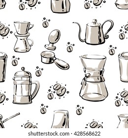 Seamless surface pattern with coffee equipment. Coffee beans, pourover, gooseneck kettle, french press, mug, aeropress, turkish coffee, chemex, tamper, takeaway coffee cup. Hand drawn vector sketch.