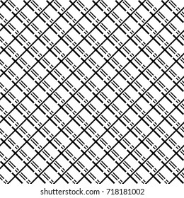 Seamless surface pattern with crossed strokes and lines ornament. Black diagonal stripes grill on white background. Grid motif. Linear wallpaper. Striped image. Digital paper for print. Vector grille.