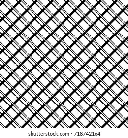 Seamless surface pattern with crossed strokes and lines ornament. Black diagonal stripes grill on white background. Grid motif. Linear wallpaper. Striped image. Digital paper for print. Vector grille.
