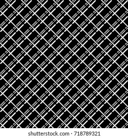 Seamless surface pattern with crossed strokes and lines ornament. White diagonal stripes grill on black background. Grid motif. Linear wallpaper. Striped image. Digital paper for print. Vector grille.