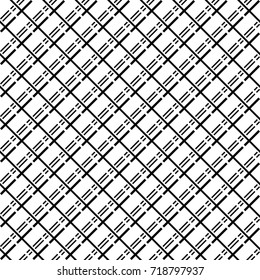 Seamless surface pattern with crossed strokes and lines ornament. Black diagonal stripes grill on white background. Grid motif. Linear wallpaper. Striped image. Digital paper for print. Vector grille.