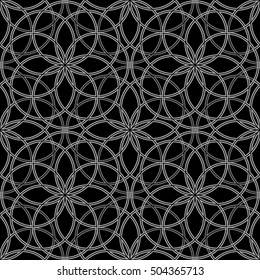 Seamless surface pattern with crossing circles. Symmetric abstract background. Circular ornament wallpaper. Openwork motif. For digital paper, page fill, textile print, web design. Vector illustration