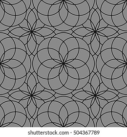 Seamless surface pattern with crossing circles. Symmetric abstract background. Circular ornament wallpaper. Openwork motif. For digital paper, page fill, textile print, web design. Vector illustration