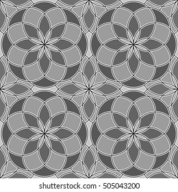 Seamless surface pattern with crossing circles. Symmetric abstract background. Circular ornament wallpaper. Mosaic motif. For digital paper, page fills, textile print, web design. Vector illustration