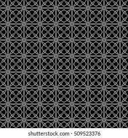 Seamless surface pattern with crossing circles. Symmetric abstract background. Rounded openwork shelves ornament wallpaper. Circular lacy motif. For digital paper, web design. Vector art illustration