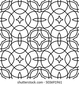 Seamless surface pattern with crossing figures. Symmetric abstract background. Circular ornament wallpaper. Lacy openwork motif. For digital paper, page fills, web design. Vector art illustration