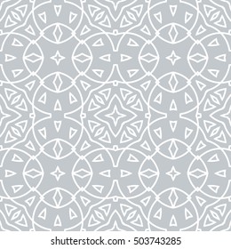 Seamless surface pattern with crossing figures. Symmetric abstract background. Circular ornament wallpaper. Lacy openwork motif. For digital paper, page fills, web design. Vector art illustration
