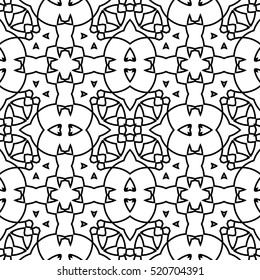 Seamless surface pattern with crossing figures. Symmetric abstract background. Circular ornament wallpaper. Lacy openwork motif. For digital paper, page fills, web design. Vector art illustration