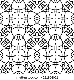 Seamless surface pattern with crossing figures. Symmetric abstract background. Circular ornament wallpaper. Lacy openwork motif. For digital paper, page fills, web design. Vector art illustration