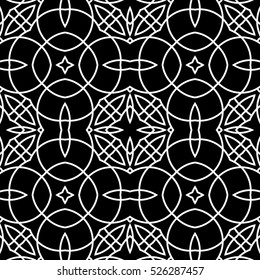 Seamless surface pattern with crossing figures. Symmetric abstract background. Circular ornament wallpaper. Lacy openwork motif. For digital paper, page fills, web design. Vector art illustration