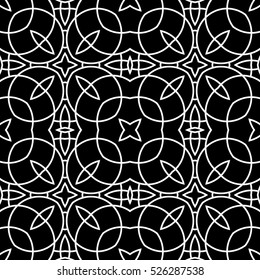 Seamless surface pattern with crossing figures. Symmetric abstract background. Circular ornament wallpaper. Lacy openwork motif. For digital paper, page fills, web design. Vector art illustration