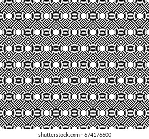 Seamless surface pattern design with ancient culture ornament. Interlocking blocks tessellation. Repeated black figures on white background. Pavement motif. Flooring image. Ethnic wallpaper. Vector.