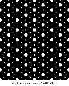 Seamless surface pattern design with ancient oriental ornament. Stylized triangles, quadrangles and hexagons. Repeated white figures on black background. Ethnic embroidery motif. Ornamental wallpaper.