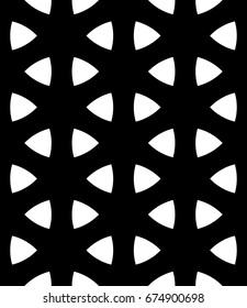 Seamless surface pattern design with ancient oriental ornament. Rounded triangular figures. Repeated white triangles on black background. Ethnic embroidery motif. Ornamental wallpaper. Polygons image.