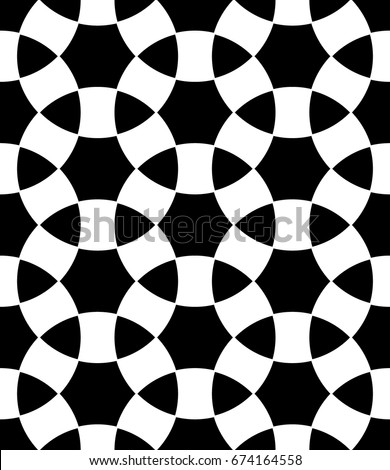 Seamless surface pattern design with ancient oriental ornament. Interlocking blocks tessellation. Repeated white figures on black background. Pavement motif. Flooring image. Ethnic wallpaper. Vector.