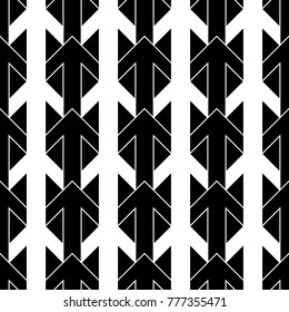 Seamless surface pattern design with arrows and triangles ornament. Repeated figures ornamental background. Ethnic wallpaper. Tribal embroidery motif. Digital paper, page fill, textile print. Vector.