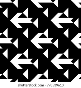 Seamless surface pattern design with arrows and triangles ornament. Repeated figures ornamental background. Ethnic wallpaper. Tribal embroidery motif. Digital paper, page fill, textile print. Vector.