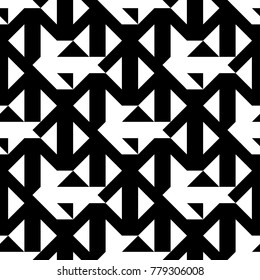 Seamless surface pattern design with arrows and triangles ornament. Repeated figures ornamental background. Ethnic wallpaper. Tribal embroidery motif. Digital paper, page fill, textile print. Vector.