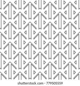 Seamless surface pattern design with arrows and triangles ornament. Repeated figures ornamental background. Ethnic wallpaper. Tribal embroidery motif. Digital paper, page fill, textile print. Vector.