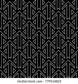 Seamless surface pattern design with arrows and triangles ornament. Repeated figures ornamental background. Ethnic wallpaper. Tribal embroidery motif. Digital paper, page fill, textile print. Vector.