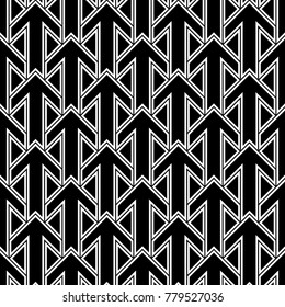Seamless surface pattern design with arrows and triangles ornament. Repeated figures ornamental background. Ethnic wallpaper. Tribal embroidery motif. Digital paper, page fill, textile print. Vector.