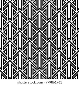 Seamless surface pattern design with arrows and triangles ornament. Repeated figures ornamental background. Ethnic wallpaper. Tribal embroidery motif. Digital paper, page fill, textile print. Vector.