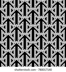 Seamless surface pattern design with arrows and triangles ornament. Repeated figures ornamental background. Ethnic wallpaper. Tribal embroidery motif. Digital paper, page fill, textile print. Vector.