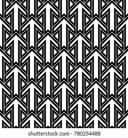 Seamless surface pattern design with arrows and triangles ornament. Repeated figures ornamental background. Ethnic wallpaper. Tribal embroidery motif. Digital paper, page fill, textile print. Vector.