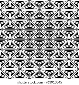 Seamless surface pattern design with asanoha ornament. Interlocking triangles background. Image with repeated triangular shapes. Geometric image. Ethnic japanese embroidery motif. Vector for print.