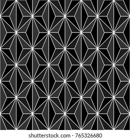 Seamless surface pattern design with asanoha ornament. Interlocking triangles background. Image with repeated triangular shapes. Geometric image. Ethnic japanese embroidery motif. Vector art.