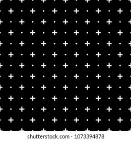 Seamless surface pattern design with crosses and dots tiles ornament. Ethnic embroidery ornamentation with repeated geometric shapes. Ancient mosaic wallpaper. Grid motif. Digital paper. Vector art.
