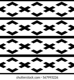 Seamless surface pattern design with crosses, brackets and lines ornament. Embroidery motif. Repeated black figures on white background. Ethnic wallpaper. Digital paper for page fills, textile print