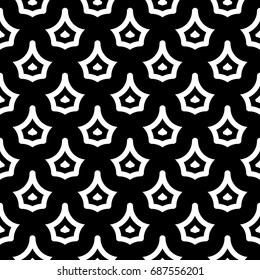 Seamless surface pattern design with crowns ornament. White figures on black background. Image with floral shapes. Ethnic mosaic tiles motif. Antique wallpaper. Vector art. Simple signs illustration.