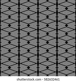 Seamless surface pattern design with diamonds ornament. Lozenge motif. Repeated white rhombuses on black background. Ethnic wallpaper. Digital paper for page fills, web designing, textile print.