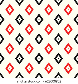 Seamless surface pattern design with diamonds ornament. Lozenge motif. Repeated red and black rhombuses on white background. Ikat wallpaper. Digital paper with gems for textile print, web designing.