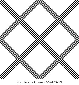 Seamless surface pattern design with diamonds ornament. Lozenge motif. Repeated black hollow rhombuses on white background. Ikat wallpaper. Digital paper with gems for textile print, web designing.