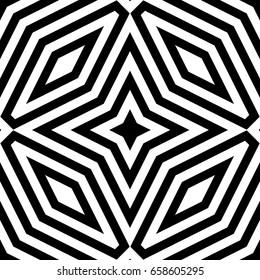 Seamless surface pattern design with elongated hexagons, rhombuses and stars. Black figures illustration. Mosaic tiles motif. Repeated polygons background. Ethnic embroidery wallpaper. Digital paper.