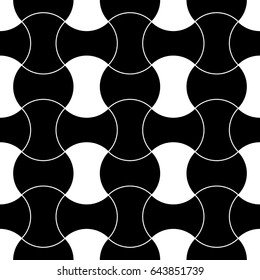 Seamless surface pattern design with ethnic ornament. Apple core quilts texture. Patchwork motif. Black interlocking mosaic figures on white background. Digital paper with hammerhead shapes. Vector