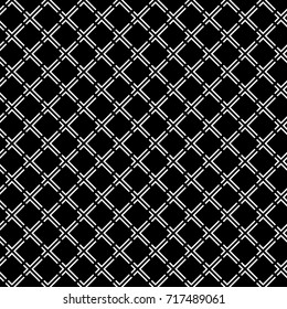 Seamless surface pattern design with ethnic ornament. White angle brackets grill on black background. Curves, lines motif. Embroidery wallpaper. Digital paper for textile print, page fill. Vector work