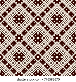 Seamless surface pattern design with ethnic ornament. Embroidery motif. Ancient ornamental wallpaper. Repeated geometric forms. Digital paper, textile print, page fill. Vector art